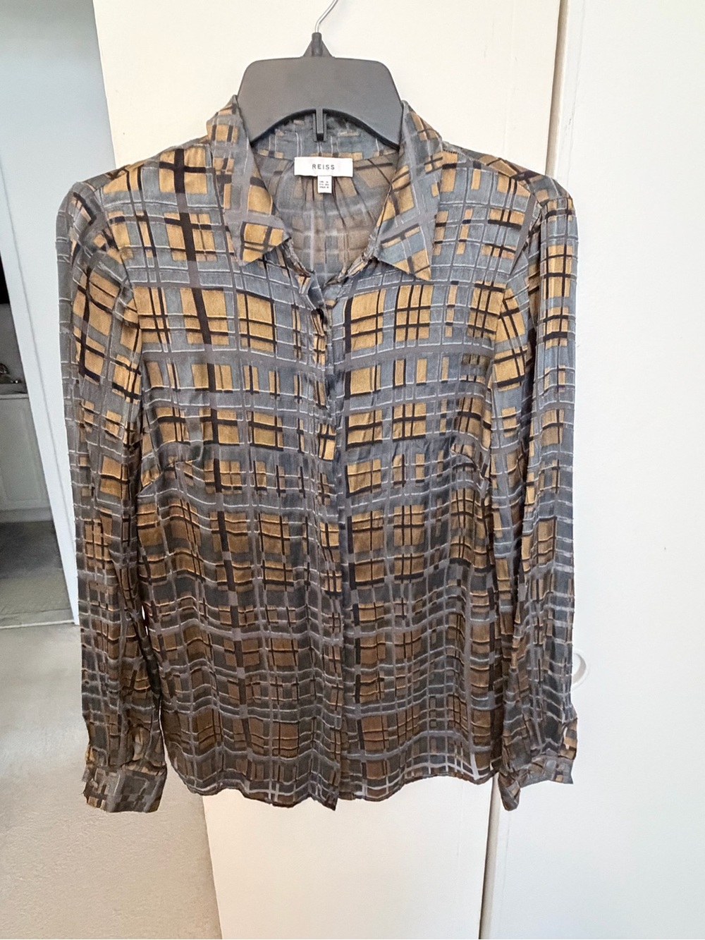 Reiss "Elisandra" Velvet Grid Burnout Blouse - Size US 4 (UK 8 / EU 36